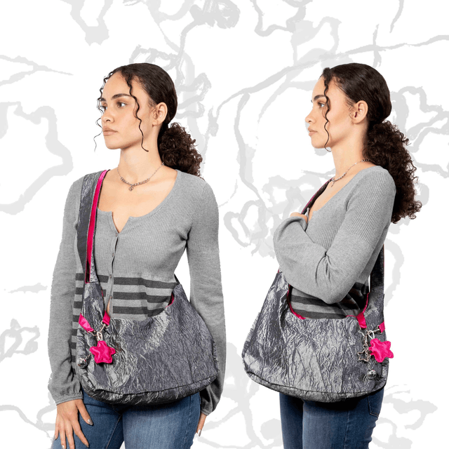 grey & pink shoulder bag with interior pocket